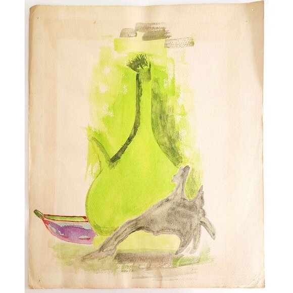 1960s Folk Art Abstract Watercolor Still Life Painting Green Glass Bottle GstRm - Picture 2 of 2